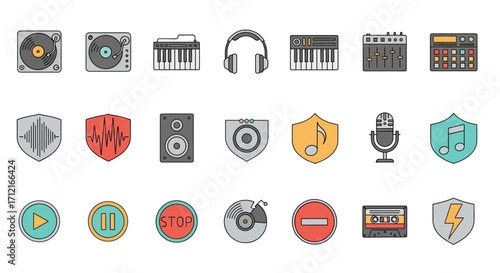 Collection of Audio Visual Equipment and Music Related Icons.
