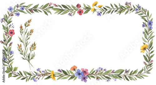 Floral Frame Border: A delicate watercolor floral frame is displayed featuring a blank space for text, perfect for conveying elegance, and botanical beauty.