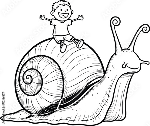 Happy cartoon boy riding giant snail, fantasy line art illustration, fun children’s drawing, black and white coloring book page