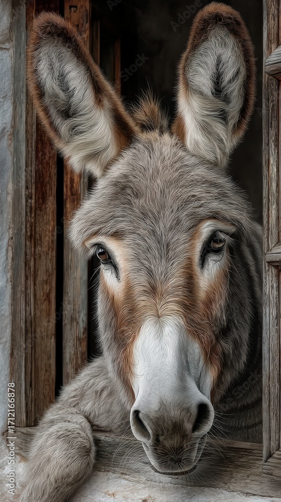Fototapeta premium Charming watercolor donkey leaning out of a rustic barn