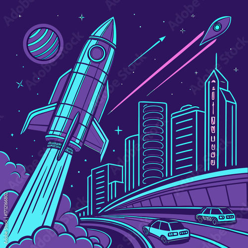 A vibrant neoncolored illustration showcases a rocket launching from a futuristic cityscape, with sleek cars on a highway and a stylized planet in the background, evoking a sense of progress