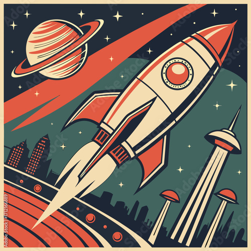 Retro futuristic poster design featuring a rocket ship soaring through the cosmos, passing by a ringed planet and a cityscape with unique architecture under a starry sky