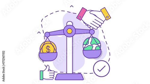business Integrity trust meets growth animation, Equilibrium of Economy and Ecology animated video, Business corporation clip,  Profit with Responsibility footage, Sales Marketing motion graphics