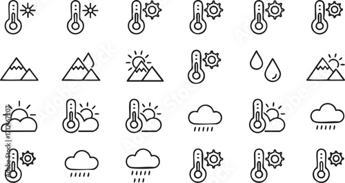 Temperature and Thermometer Outline Icons for Meteorology Graphics