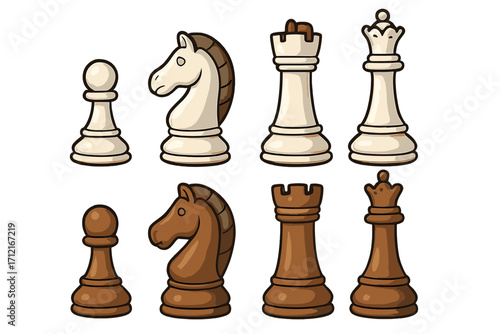 Chess pieces vector illustration set. White and brown cartoon figures for board game. Pawn, knight, rook, queen. Strategy, competition, hobby, and leisure concept design.