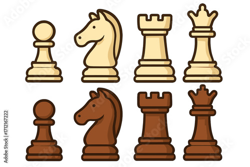 Chess pieces vector set. White and brown pawn, knight, rook, queen icons. Board game figures collection for strategy, competition, and tournament design. Cartoon illustration.