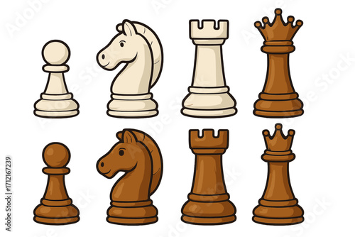 Chess pieces vector icon set. Cartoon pawn, knight, rook, queen figures for board game. Strategy, competition, and checkmate concept. White and brown wooden figures.