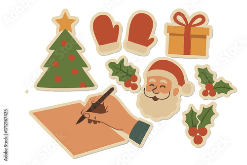 Christmas retro sticker set. Vintage halftone collage with hand writing a letter to Santa. Xmas holiday wish list concept. Dotted texture paper cut-out for scrapbooking.