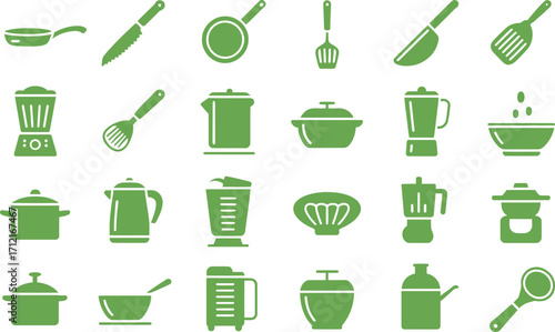 Vector art of green kitchen utensil and appliance icons