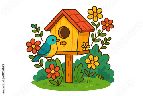 Colorful cartoon birdhouse with a cute bird on a perch surrounded by flowers. Vector illustration of a bird home in a spring garden. Wildlife nature scene with green foliage.