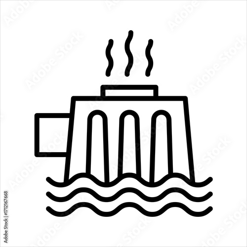 Modern Line Art Illustration of a Hydroelectric Dam, Representing Sustainable Energy Generation and Crucial Water Resource Management Infrastructure