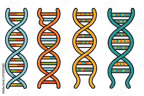 DNA strands vector illustration set. Colorful double helix icons for science, biology, and genetics. Gene, chromosome structure, and genetic mutation for medical design.