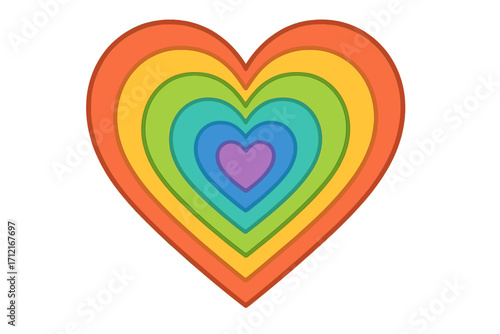 Rainbow heart vector illustration. Colorful layered concentric heart shape symbol for love, pride, and LGBTQ concepts. Abstract graphic design for Valentine's day card.