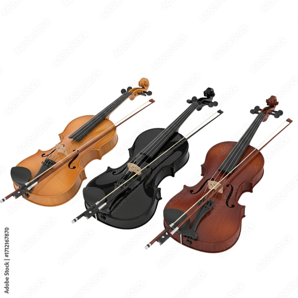 Fototapeta premium Three violins in different colors with bows 