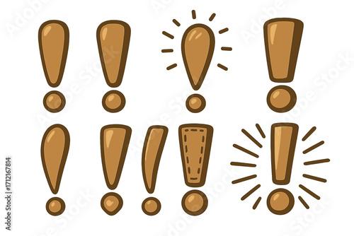 Set of hand drawn exclamation marks. Vector cartoon illustration of attention, warning, and danger symbols. Important information, idea and solution concept. Doodle punctuation.