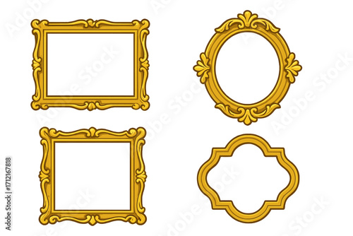 Golden baroque frame set. Vintage ornate picture frames for art gallery or classic interior design. Elegant, luxury, and decorative gold border collection. Vector illustration.