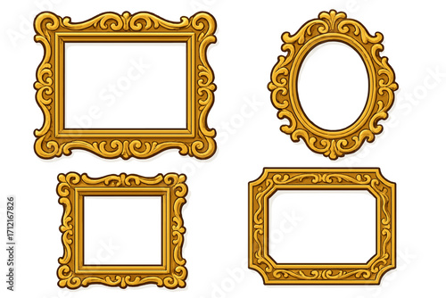 Set of decorative golden frames. Ornate vintage gold picture frames for art, photos, or mirrors. Baroque, rococo style borders for gallery, museum, or interior design.