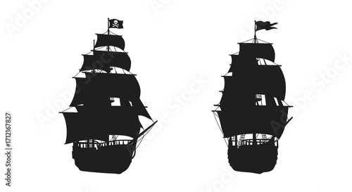 Detailed silhouette illustrations of two old pirate ships at sea