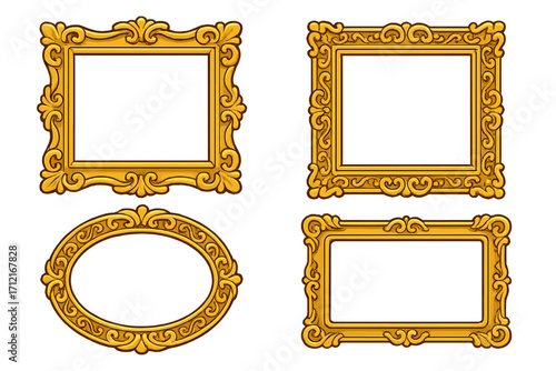 Set of decorative golden frames. Ornate vintage picture border collection. Baroque classic empty frames for gallery, museum or interior design. Vector cartoon illustration.