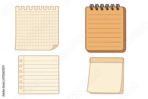 Vector set of blank paper sheets and notepads. Collection of notebook styles for writing, organization. Lined, grid paper, spiral designs. Memo, office and school supply.