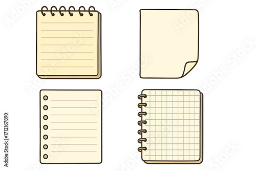 Set of blank paper and notepad icons for writing and organization. Vector cartoon illustrations of spiral notebooks, lined paper, memo pads, and grid paper for school supplies.