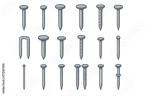 Vector set of different construction nails. Collection of metal hardware fasteners for carpentry and woodworking. Various iron nail types and sizes icon set illustration.