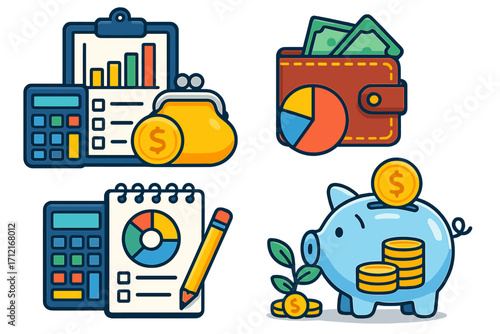 Wallpaper Mural Financial planning and budgeting icons set. Personal finance management, savings, and investment growth concept. Vector cartoon illustration of money, piggy bank, wallet, and calculator. Torontodigital.ca