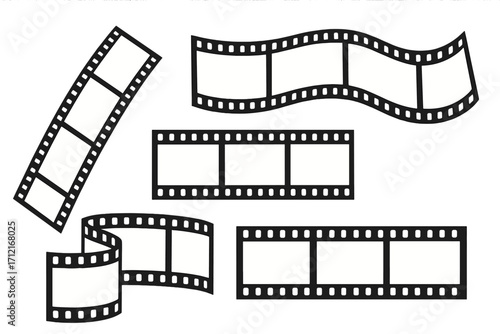 Film strip set with blank frames. Movie reel and photo negative illustration. Cinema and photography concept. Vector template for creative design projects. Retro media asset.