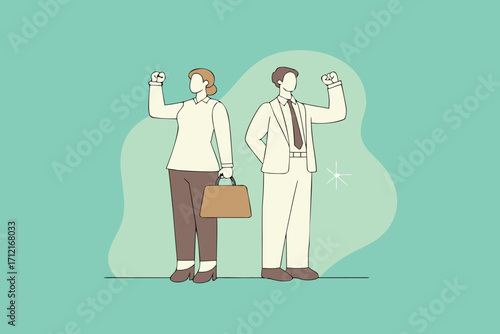 Stylized illustration of a determined woman and man in business attire teamwork success