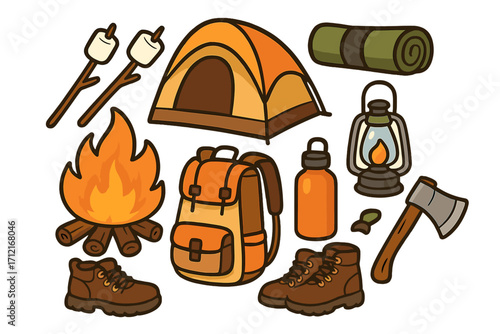 Camping and hiking equipment icon set. Vector cartoon illustration of outdoor adventure essentials like tent, campfire, backpack, boots, lantern, and roasted marshmallows.