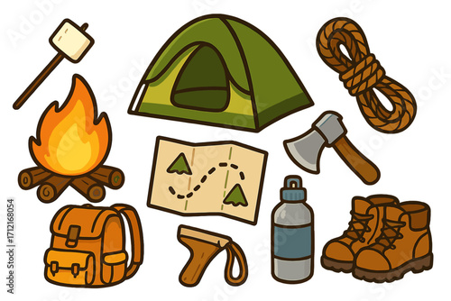 Vector collection of fun camping essentials. Outdoor adventure and hiking gear icons. Set includes campfire, tent, marshmallow, backpack, map, axe, and hiking boots.