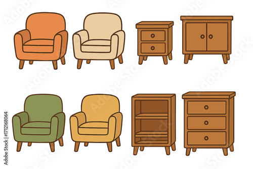 Furniture collection vector illustration. Set of cartoon armchairs and wooden storage units. Home interior design elements. Simple flat decor icons isolated on background.