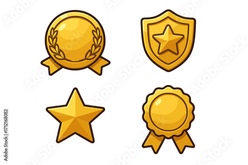 Golden badges and awards set for game achievement. Gold star, shield and medal with laurel wreath. Winner reward icon collection. Vector illustration for rank or level up.