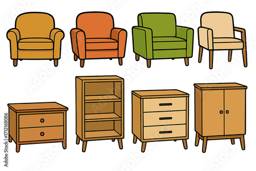 Furniture collection vector set. Armchair, cabinet, bookshelf, chest of drawers. Simple cartoon illustration. Mid-century modern home decor for interior design concept.