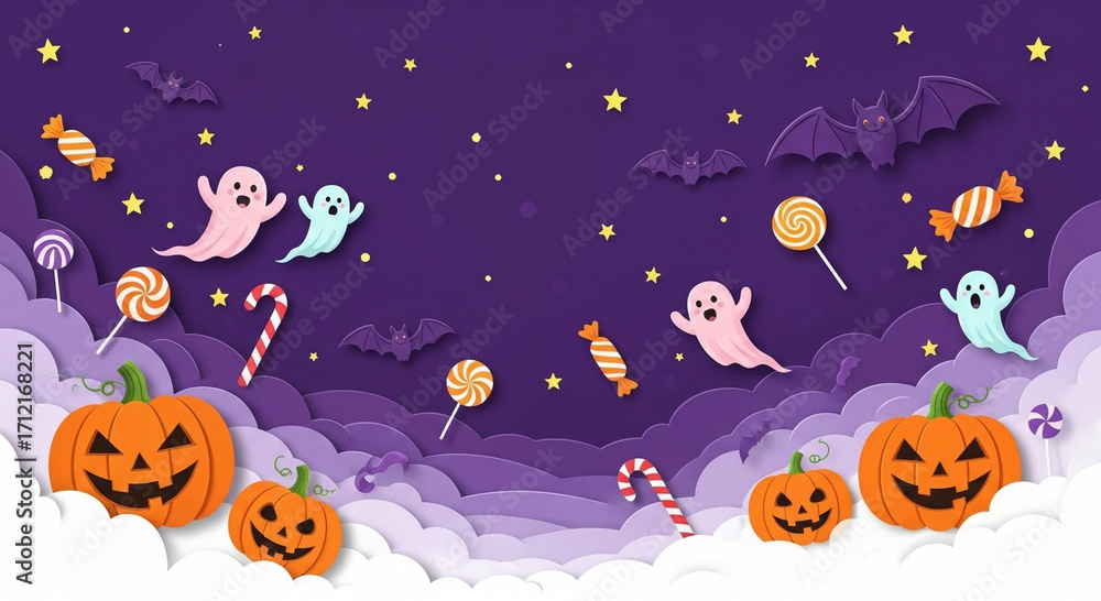 Fototapeta premium Whimsical Halloween scene with playful ghosts, pumpkins, bats, and candy under starry skies