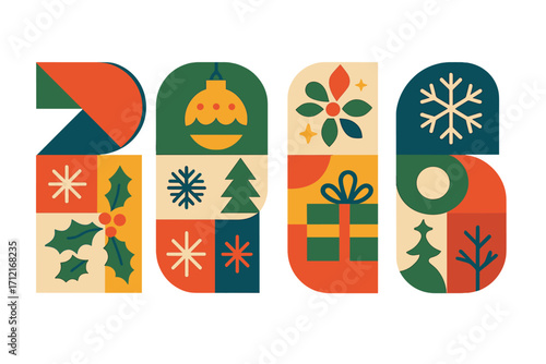 Happy New Year 2026 greeting. Merry Christmas modern abstract geometric style numbers. Festive holiday ornate tiles with winter icons. Vector illustration background.