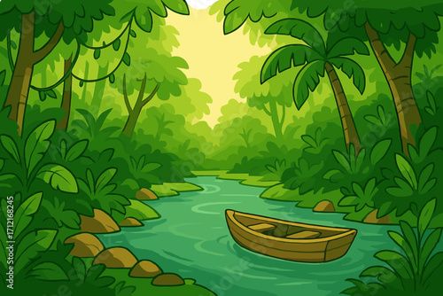 Lush green jungle with a boat on a calm river. Cartoon vector illustration of a tropical rainforest landscape. Concept for adventure travel in nature. Tranquil wild scenery.