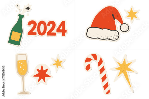 New Year 2024 Christmas retro collage sticker set. Halftone vector elements for party invitation, card. Cut-out paper style illustration with champagne, Santa hat, candy cane.