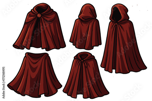 Red cloak vector set. Fantasy medieval character costume collection. Hooded cape for mysterious adventurer, mage or sorcerer. Fairytale gothic mantle for RPG game asset.