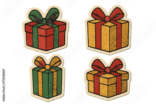 Set of gift boxes with halftone effect. Retro collage elements for Christmas digital designs. Trendy vector stickers in pop art or grunge style for festive projects.
