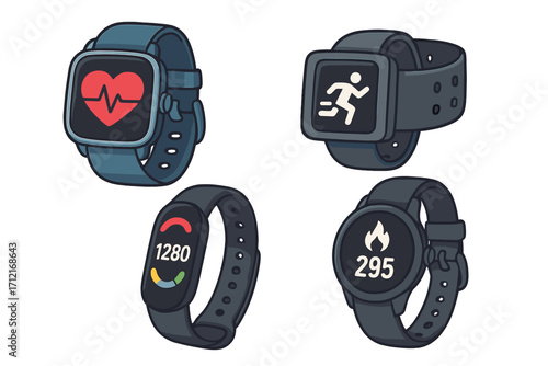 Set of smart watches and fitness trackers. Wearable technology for health monitoring. Icons for heart rate, running, steps and calories. Vector cartoon illustration isolated.