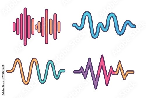 Colorful sound wave illustration set. Vector audio spectrum, voice waveform, music equalizer, and frequency graph elements. Radio wave, podcast, and digital sound concepts.