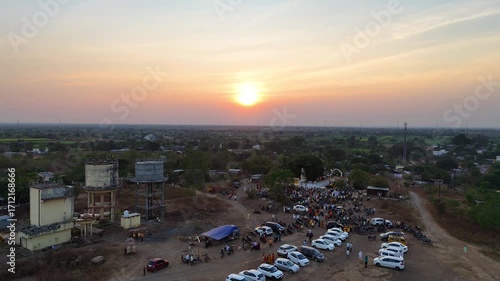 Beautiful 4K Aerial Drone Footage of Golden Sunset and Peaceful Sunrise over Indian Countryside with Farmlands, Trees, and Villages