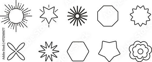Brutalist abstract geometric shapes and grids. Brutal contemporary figure star oval spiral flower and other primitive elements. Swiss design aesthetic.