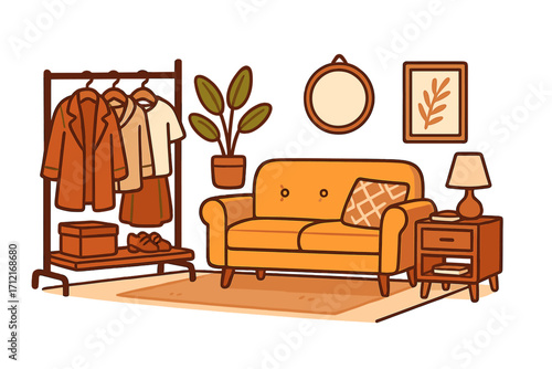 Modern living room interior. Stylish home decor with furniture. Organized clothing rack, capsule wardrobe. Cozy hygge lifestyle concept. Flat cartoon vector illustration.