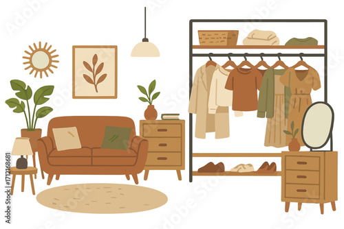 Cozy living room interior set. Modern boho style furniture collection with sofa, wardrobe rack, and home decor elements. Hygge lifestyle and comfort concept illustration.