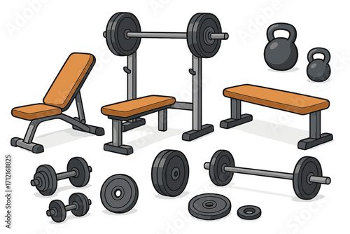 Variety of gym equipment with weights, benches, kettlebells for strength training, fitness, workout, bodybuilding, home gym, muscle building, gym accessories, vector cartoon illustration