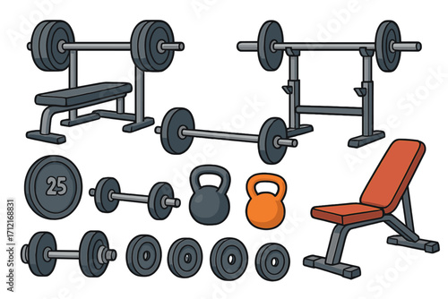 Variety of gym equipment with weights, benches, kettlebells for strength training, fitness workout, weightlifting gear, muscle building tools, cartoon vector illustration