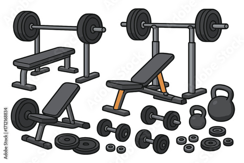 Variety of gym equipment with weights, benches and kettlebells for strength training and fitness activities, weightlifting gear collection, vector cartoon illustration
