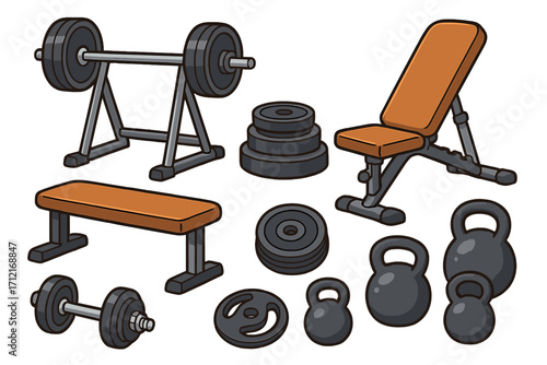 Variety of gym equipment including weight plates, barbells, dumbbells, benches, and kettlebells for strength training, fitness workouts, muscle building, and gym exercises, vector cartoon illustration